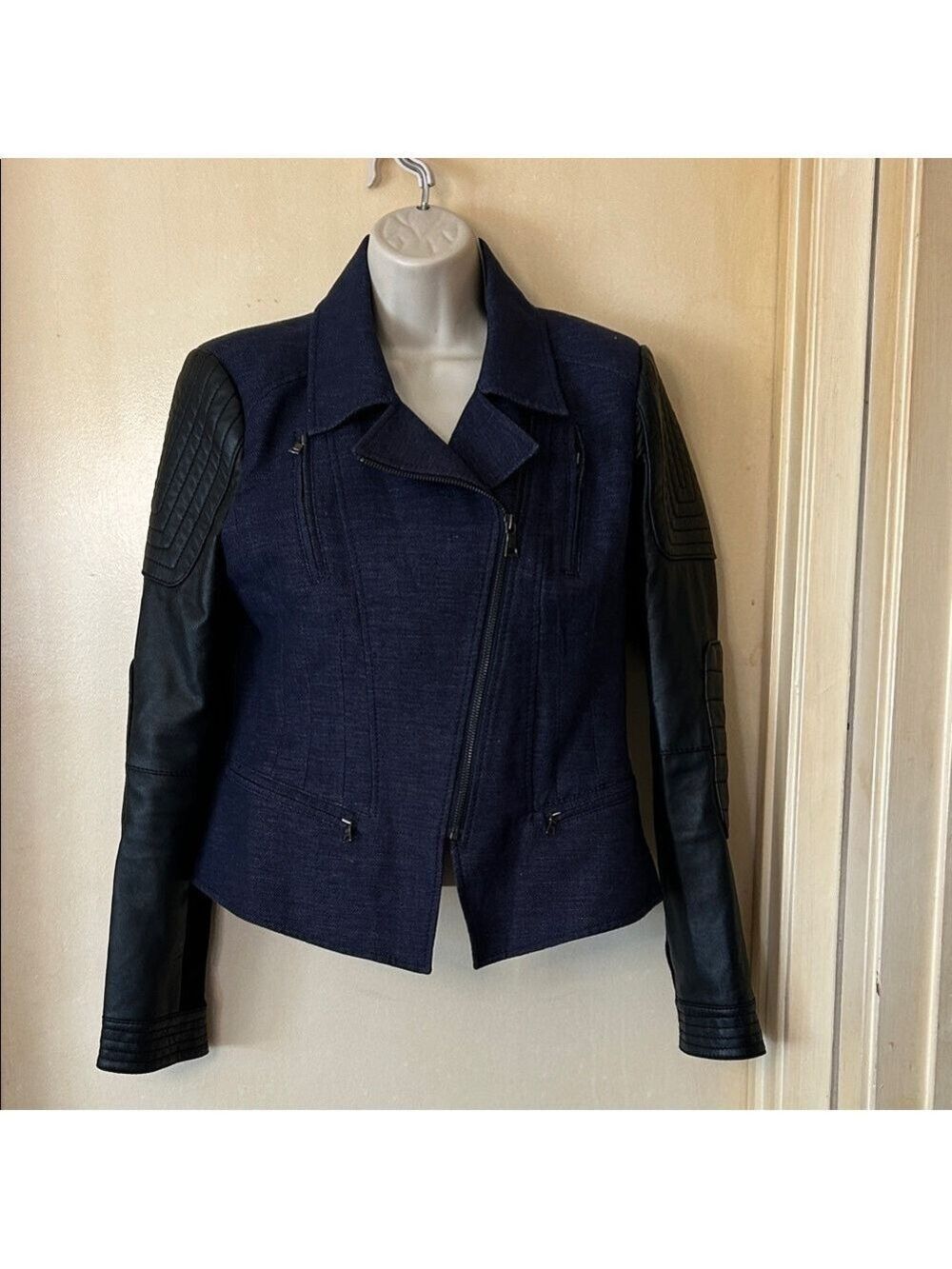 BCBGMaxAzria Women's Navy and Black Faux Leather Jacket size M
